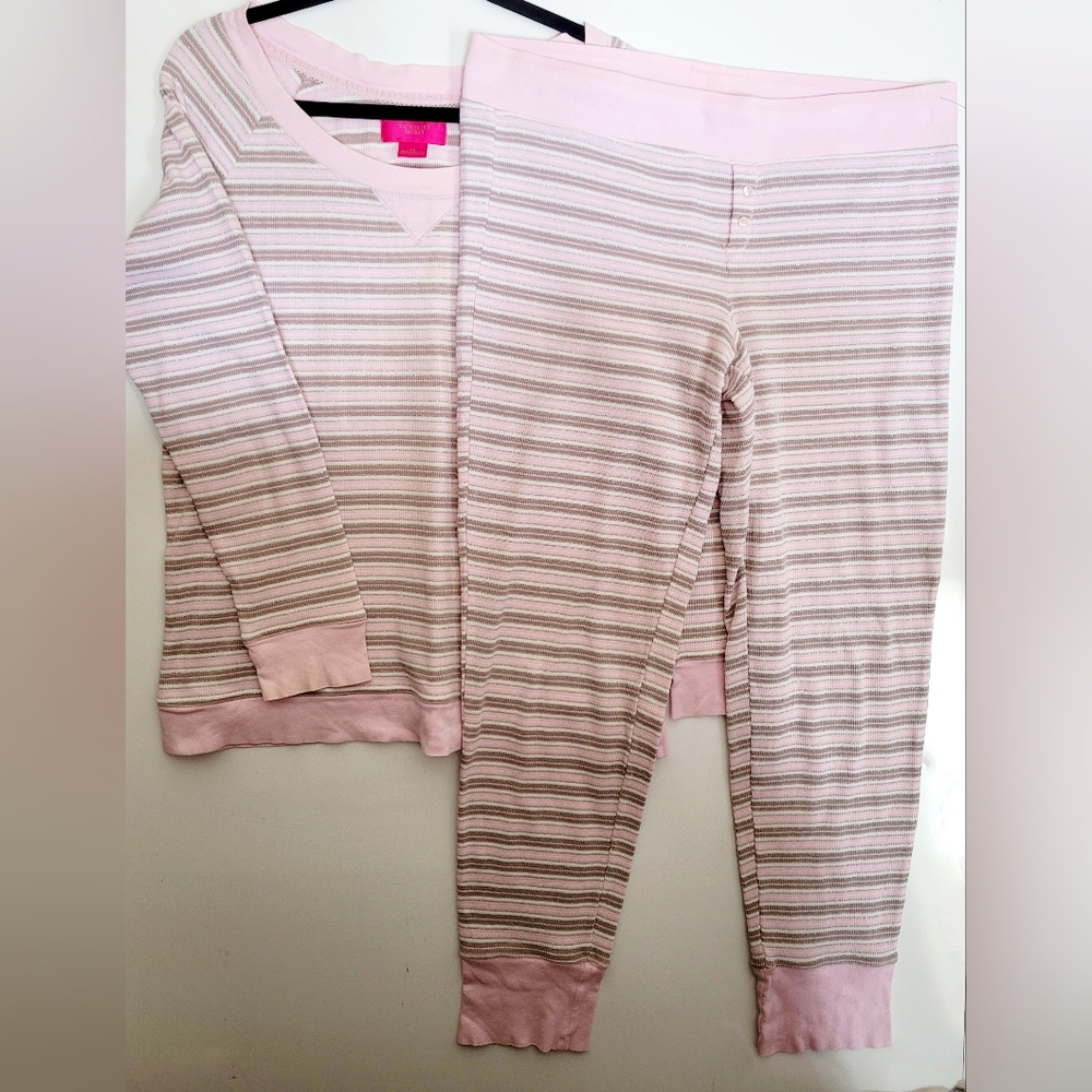 Victoria's Secret Thermal Stretch Cotton Striped Pink/Gray Women's Pajama Set L - Picture 5 of 16